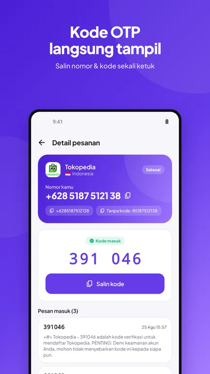 Kode OTP tampil di aplikasi AdaSIM