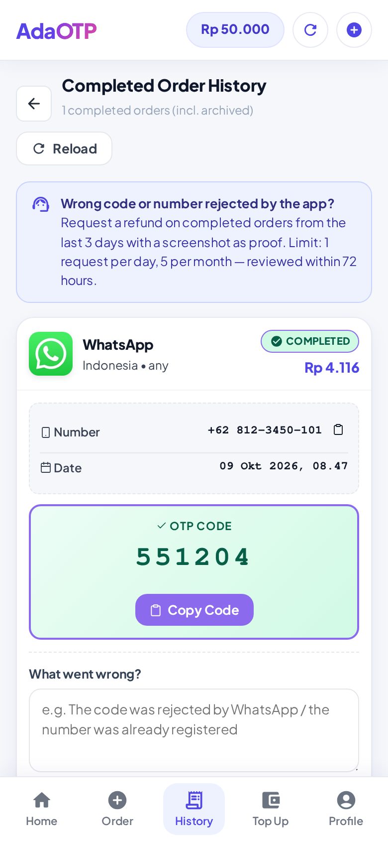Menu Completed Orders di AdaOTP: tombol Report a problem untuk kode yang ditolak aplikasi.