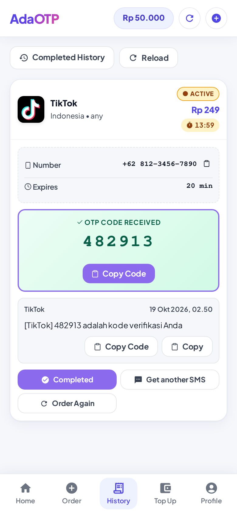 Contoh tampilan Active Orders di AdaOTP saat kode TikTok masuk (nomor & kode contoh).