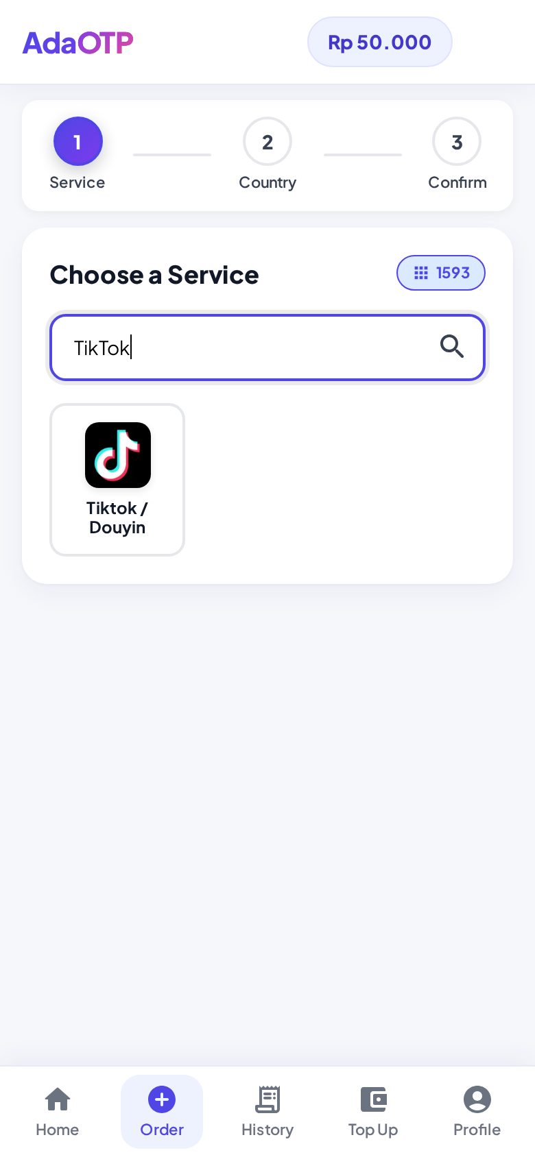 Langkah 1 di AdaOTP: cari TikTok di halaman Create Order.