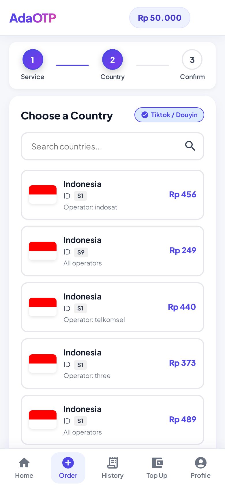Langkah 2: daftar negara dan harga nomor TikTok di AdaOTP (harga mengikuti stok saat itu).