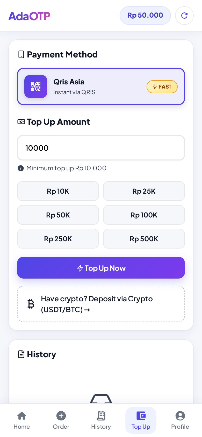 Halaman Top Up AdaOTP: QRIS atau kripto, minimal Rp 10.000.