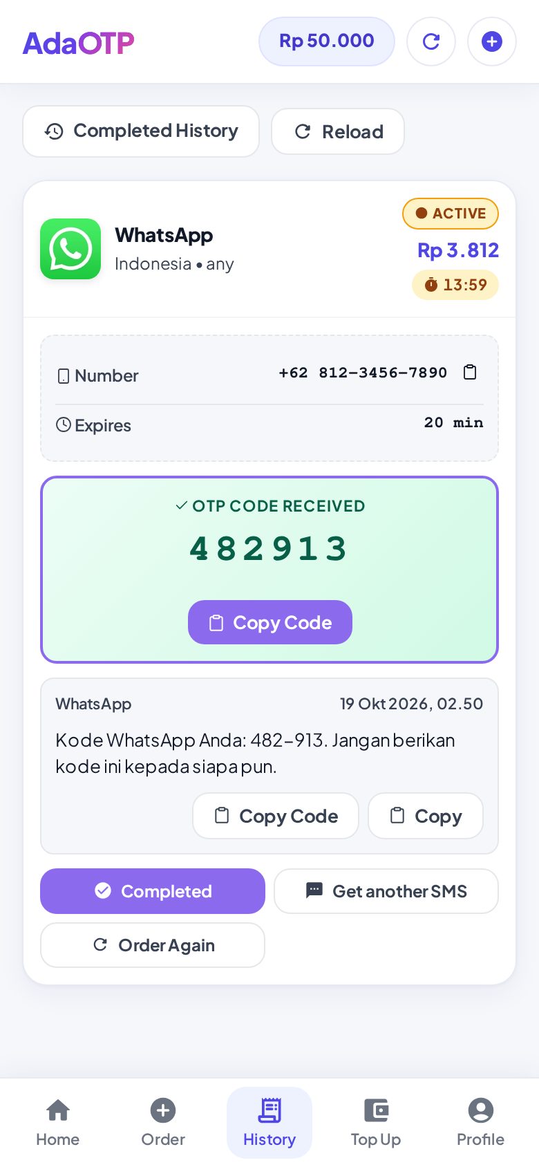 Contoh tampilan Active Orders di AdaOTP saat kode WhatsApp masuk (nomor & kode contoh).